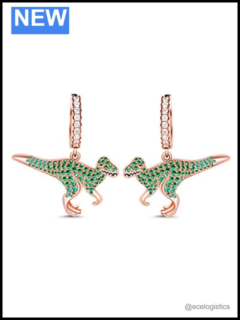 Dinosaur Stud Earrings 925 Sterling Silver 18k Rose Gold Plated Green Stones
